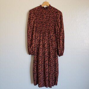 A New Day Balloon Sleeve Smocked Floral Midi Dress Brown Size S Prairie Cottage